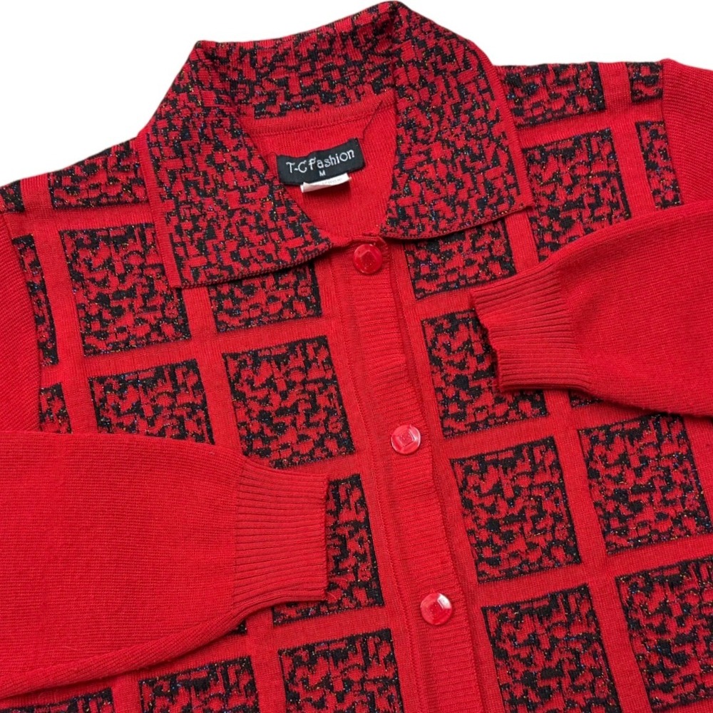 T-C Fashion ‎ Red Black Sparkle  Holiday Cardigan Sweater Women's Medium